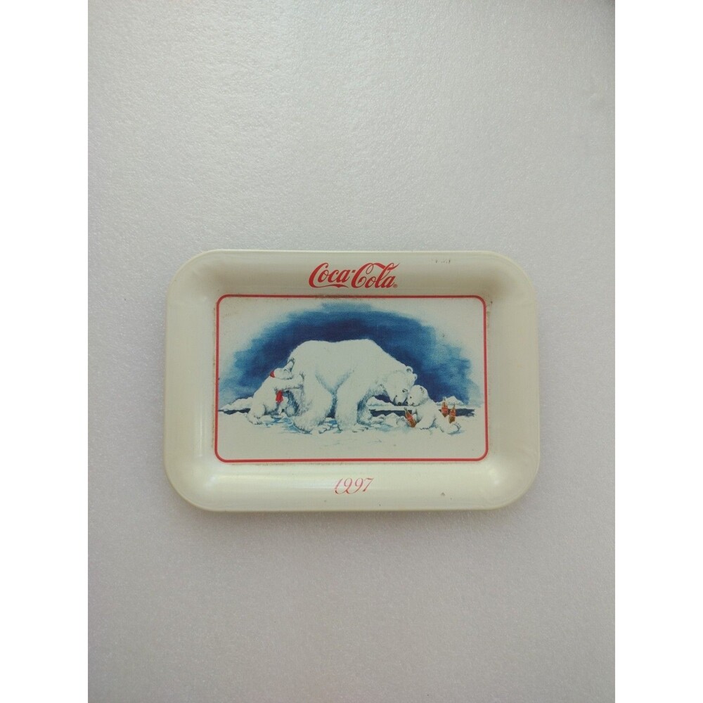 VTG 1997 Coca-Cola White Mini Metal Tin Tray With The Polar Bear & Cubs 1997